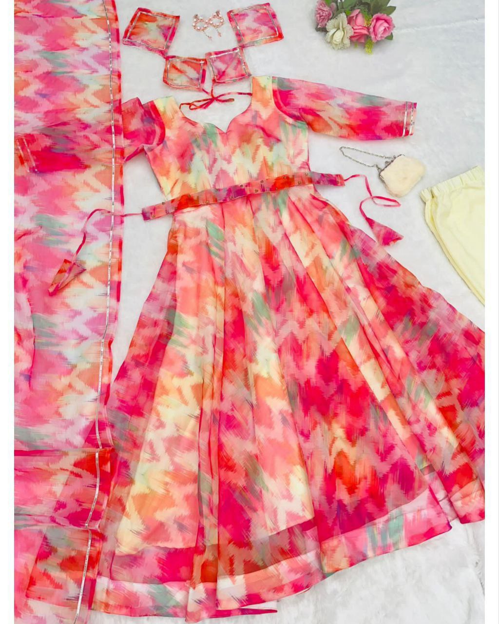 Designer Hot Pink Organza Silk Printed Work Anarkali Suit With Dupatta