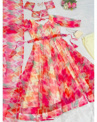 Designer Hot Pink Organza Silk Printed Work Anarkali Suit With Dupatta