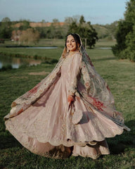 Designer Rose Gold Chinon Silk Embroidery Work Sharara Suit With Dupatta