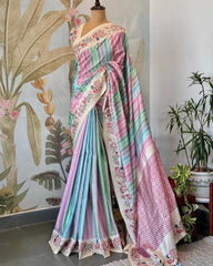 Designer Multi Pastel Premium Silk Embroidery Work Saree With Blouse