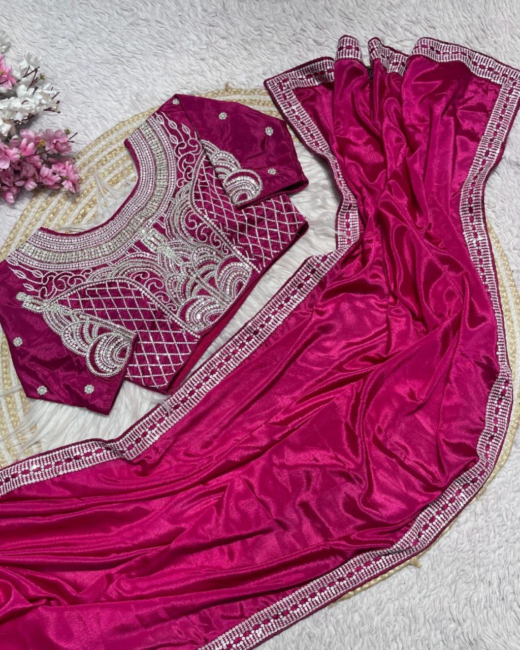 Designer Multi Chinon Silk Embroidery Work Saree With Blouse