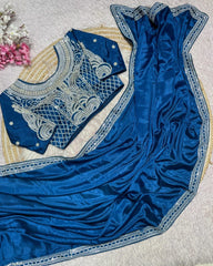 Designer Multi Chinon Silk Embroidery Work Saree With Blouse