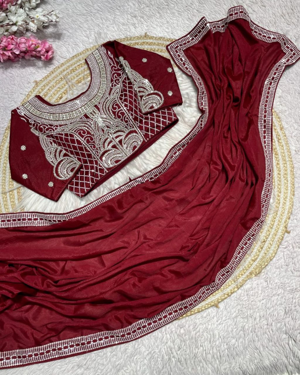 Designer Multi Chinon Silk Embroidery Work Saree With Blouse