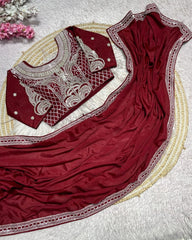 Designer Multi Chinon Silk Embroidery Work Saree With Blouse