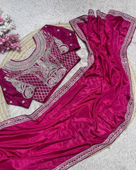 Designer Multi Chinon Silk Embroidery Work Saree With Blouse