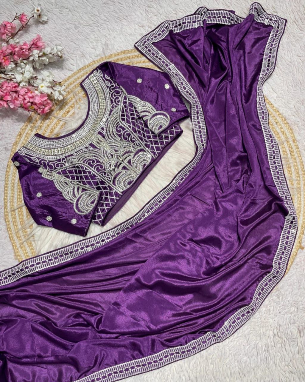 Designer Multi Chinon Silk Embroidery Work Saree With Blouse