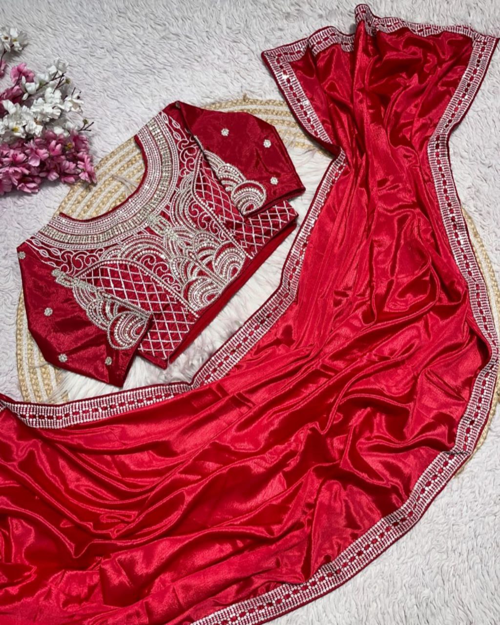 Designer Multi Chinon Silk Embroidery Work Saree With Blouse
