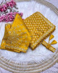 Designer Pink , Yellow & Morpinch Chinon Silk Embroidery Work Saree With Blouse