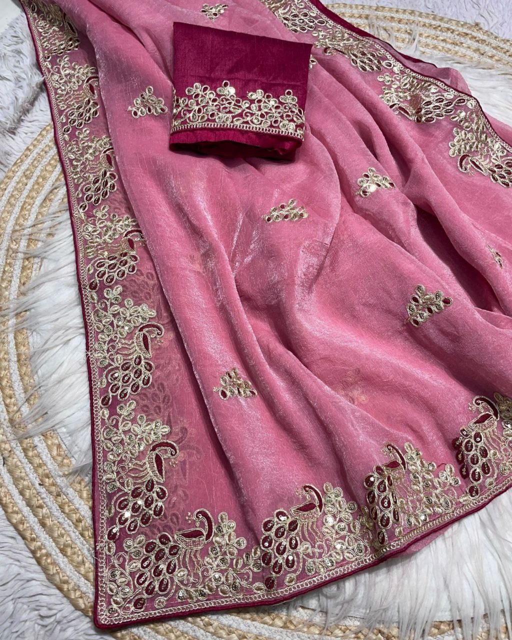 Designer Pink , Sky , Lilac & Pista Chiffon Silk Embroidery Work Saree With Blouse