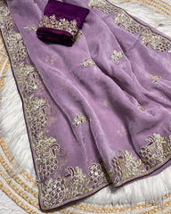 Designer Pink , Sky , Lilac & Pista Chiffon Silk Embroidery Work Saree With Blouse