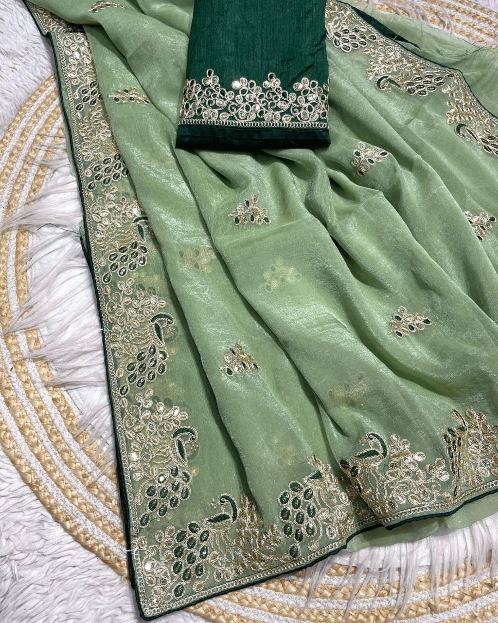 Designer Pink , Sky , Lilac & Pista Chiffon Silk Embroidery Work Saree With Blouse