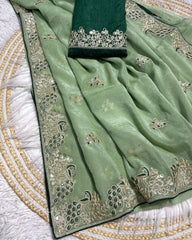 Designer Pink , Sky , Lilac & Pista Chiffon Silk Embroidery Work Saree With Blouse