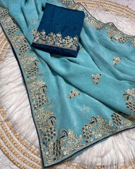 Designer Pink , Sky , Lilac & Pista Chiffon Silk Embroidery Work Saree With Blouse