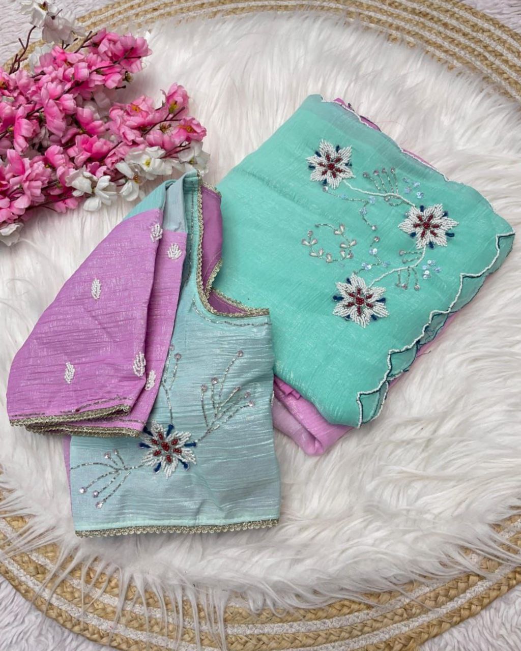 Designer Pastel Chiffon Silk Embroidery Work Saree With Blouse