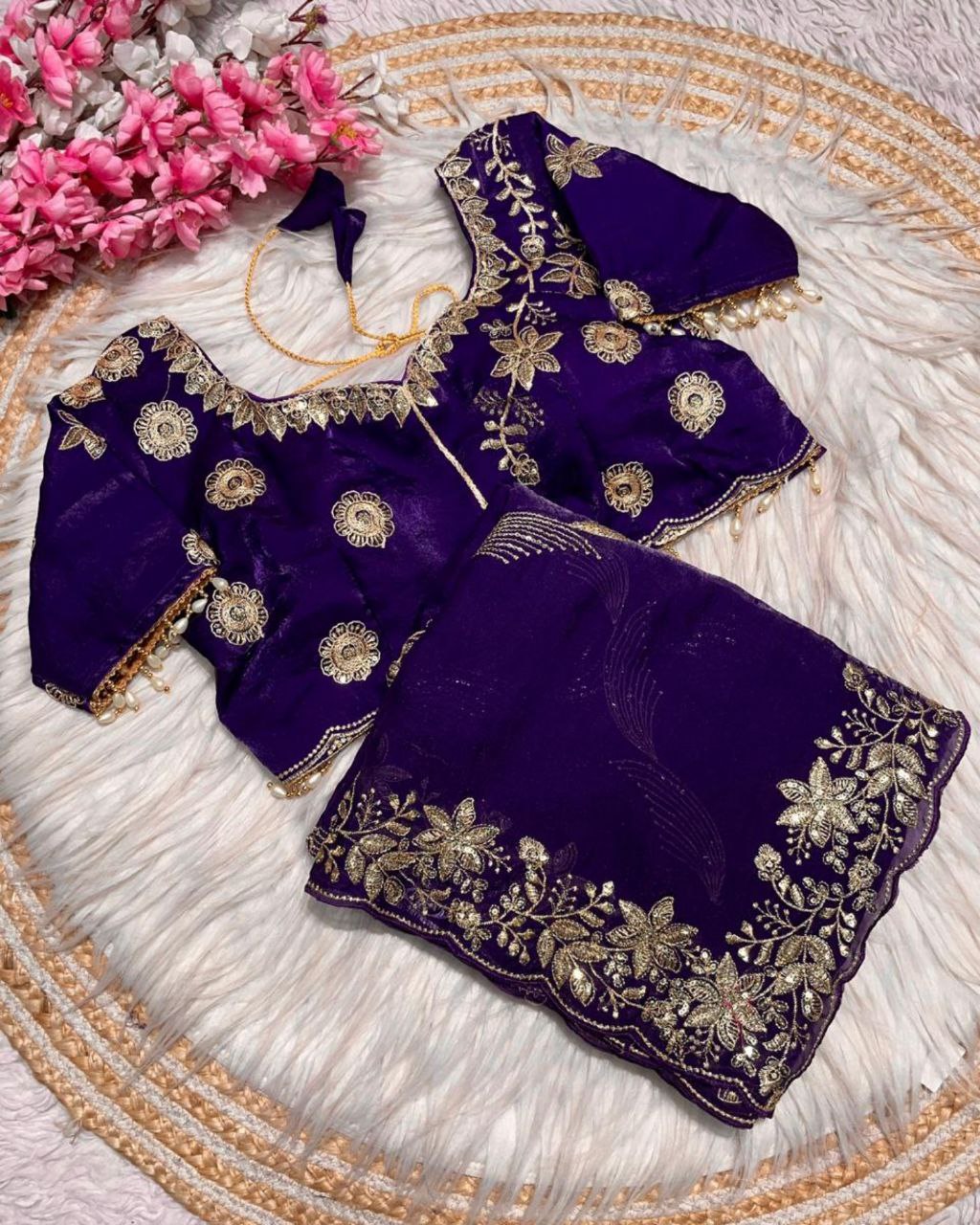 Designer Purple , Maroon & Wine Green Satin Silk Embroidery Work Saree With Blouse