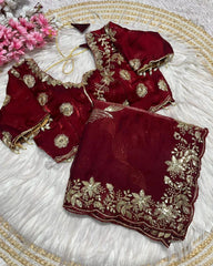 Designer Purple , Maroon & Wine Green Satin Silk Embroidery Work Saree With Blouse