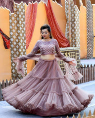 Designer Mauve Net Embroidery Work Lehenga Choli With Dupatta