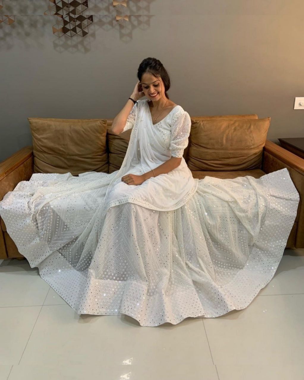 Designer White Butter Silk Mirror Work Lehenga Choli With Dupatta