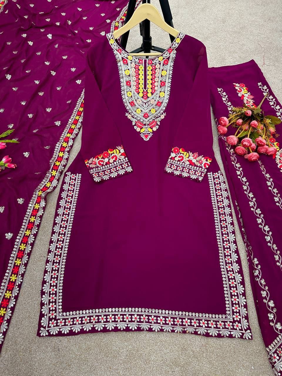 Designer Wine Crap Silk Emrboidery Work Pant Suit With Dupatta