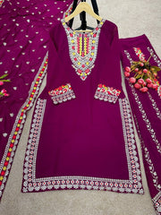 Designer Wine Crap Silk Emrboidery Work Pant Suit With Dupatta