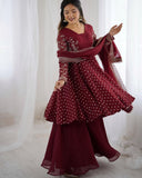Designer Brown Silk Embroidery Work Sharara Suit With Dupatta