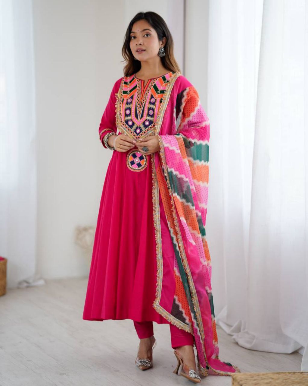 Designer Khadi Cotton Embroidery Work Anarkali Suit With Multi Dupatta