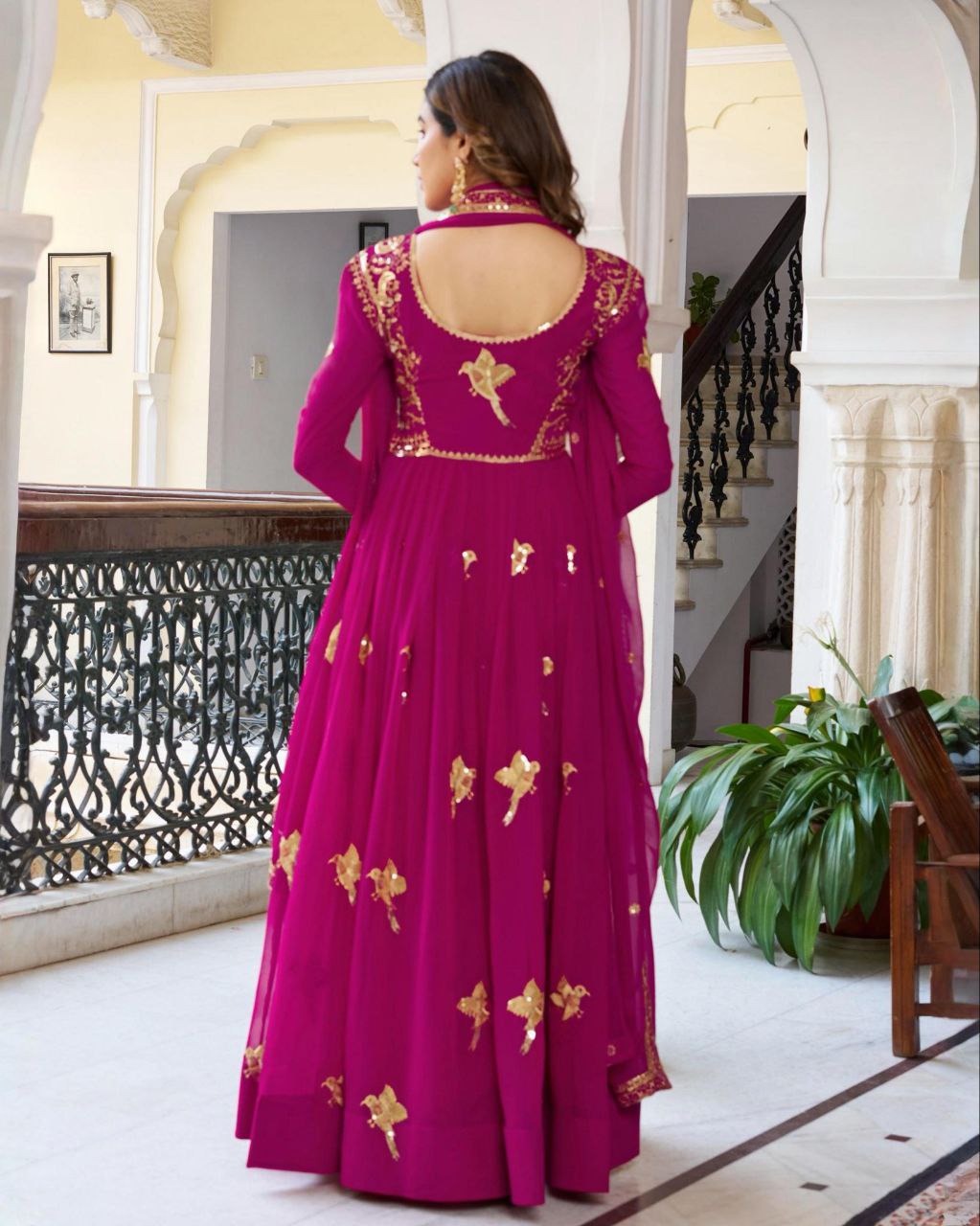 Designer Green And Rani Georgette Embroidery Work Anarkali Suit With Dupatta
