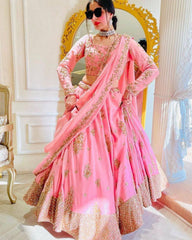 Designer Pink Georgette Embroidery Work Lehenga Choli With Dupatta