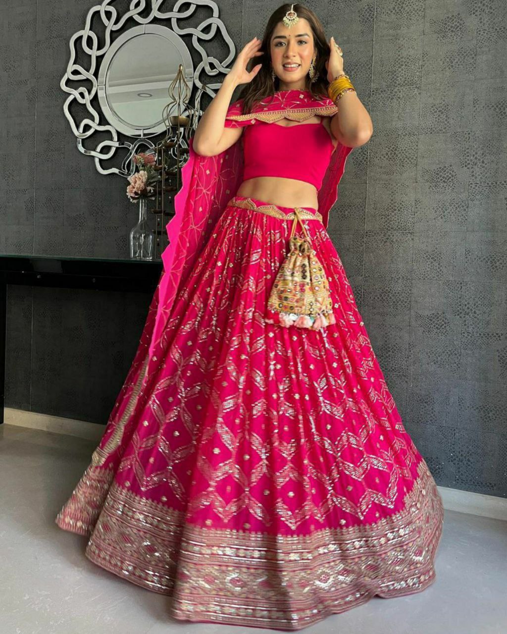 Designer Hot Pink Georgette Embroidery Work Lehenga Choli With Dupatta