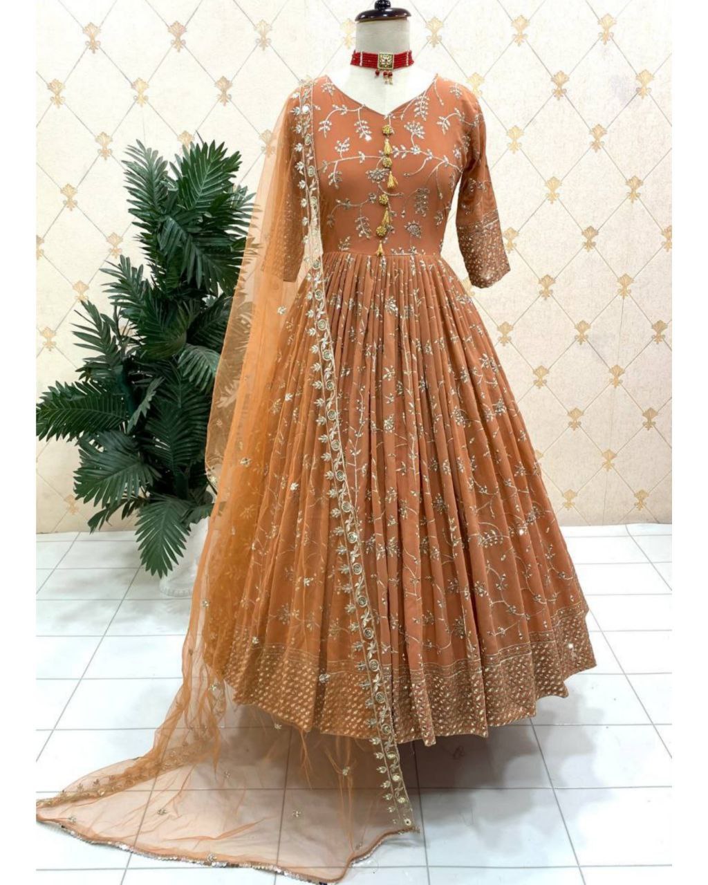 Designer Orange Georgette Embroidery Work Anarkali Gown With Dupatta