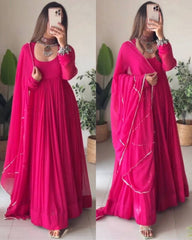Designer Rose Pink Georgette Embroidery Work Anarkali Gown With Dupatta