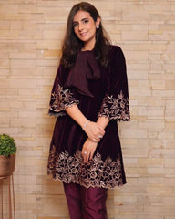 Designer Wine Velvet Embroidery Work Pant Suit With Dupatta