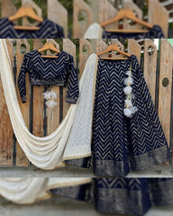 Designer Neavy Blue Georgette Embroidery Work Lehenga Choli With Cream Dupatta