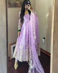 Designer Lilac Georgette Embroidery Work Anarkali Suit With Dupatta