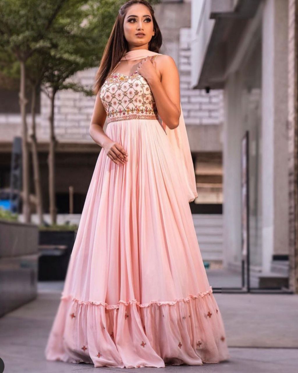 Designer Peach Georgette Embroidery Work Anarkali Gown With Dupatta