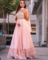 Designer Peach Georgette Embroidery Work Anarkali Gown With Dupatta