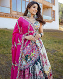 Navratri Special White Muslin Cotton Embroidery Work Lehenga Choli With Pink Dupatta