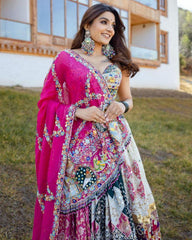 Navratri Special White Muslin Cotton Embroidery Work Lehenga Choli With Pink Dupatta