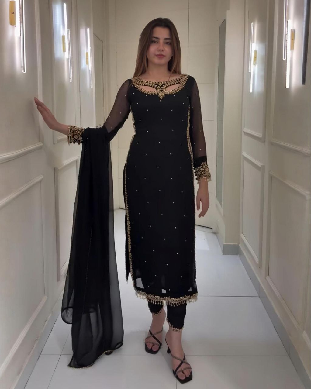 Designer Pink & Black Silk Embroidery Work Pakistani Suit With Dupatta