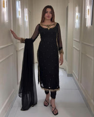 Designer Pink & Black Silk Embroidery Work Pakistani Suit With Dupatta