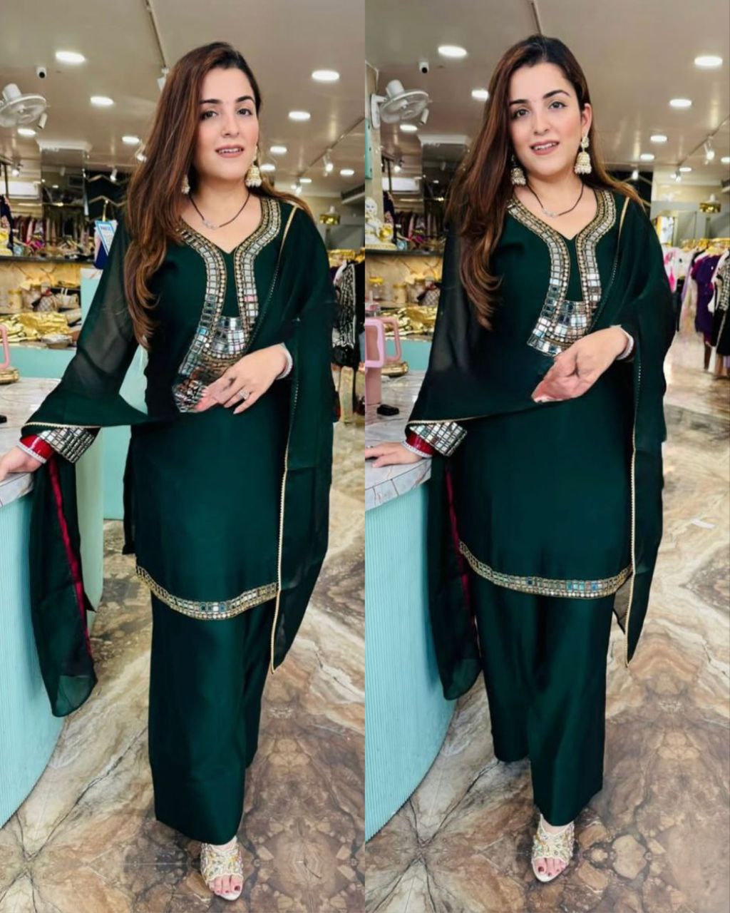 Designer Pink & Green Silk Embroidery Work Pant Suit With Dupatta