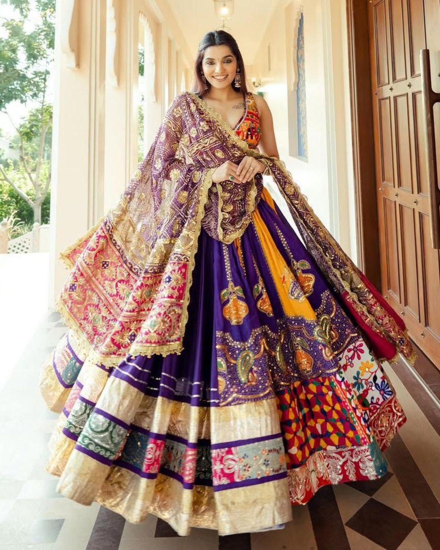 Navratri Special Purple Muslin Cotton Multi Printed Lehenga Choli With Dupatta