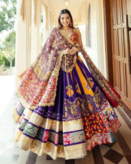 Navratri Special Purple Muslin Cotton Multi Printed Lehenga Choli With Dupatta