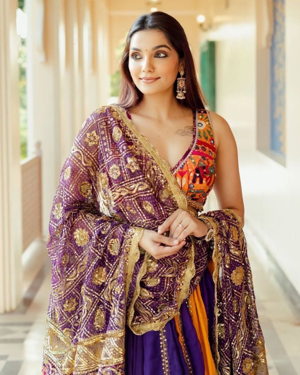 Navratri Special Purple Muslin Cotton Multi Printed Lehenga Choli With Dupatta