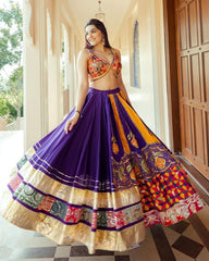 Navratri Special Purple Muslin Cotton Multi Printed Lehenga Choli With Dupatta