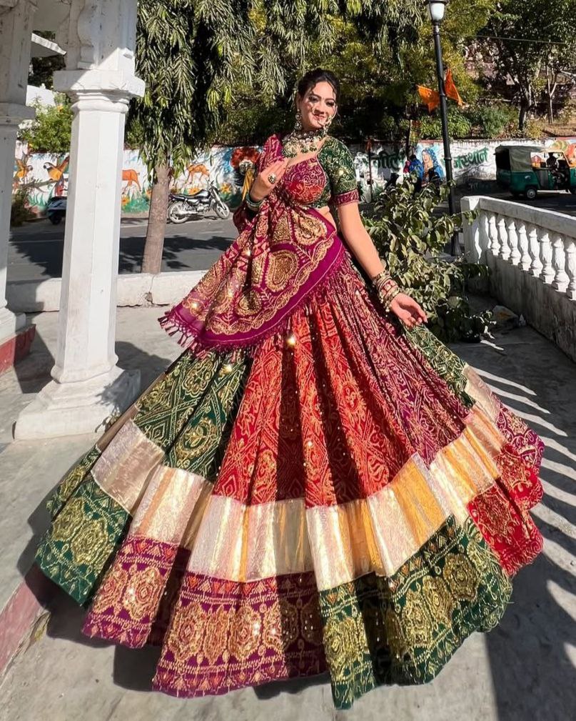 Navratri Special Multi Muslin Cotton Hand Work Lehenga Choli With Maroon Dupatta
