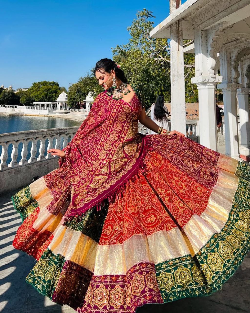 Navratri Special Multi Muslin Cotton Hand Work Lehenga Choli With Maroon Dupatta