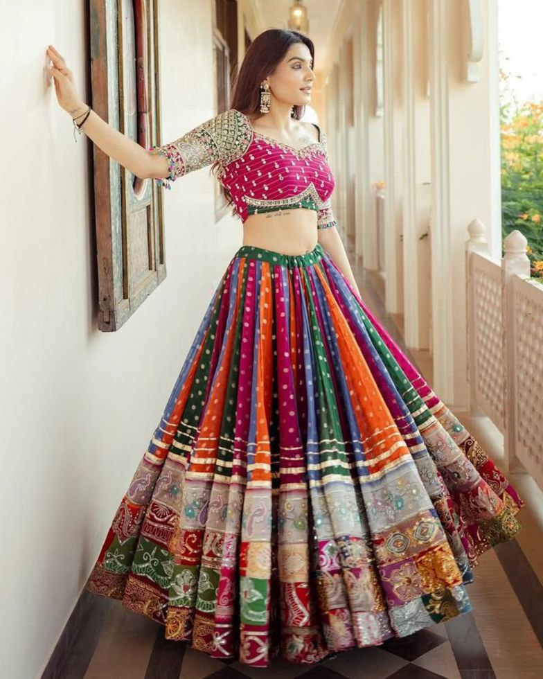 Navratri Special Multi Muslin Cotton Hand Work Lehenga Choli With Yellow Dupatta