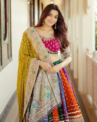 Navratri Special Multi Muslin Cotton Hand Work Lehenga Choli With Yellow Dupatta
