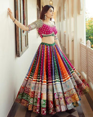Navratri Special Multi Muslin Cotton Hand Work Lehenga Choli With Yellow Dupatta
